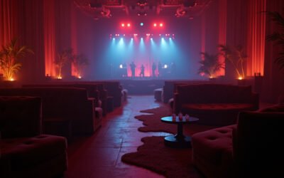 Cinematic wide-angle shot of a vibrant music festival atmosphere at dusk, representing the Arizona Cannabis Awards Music Festival.