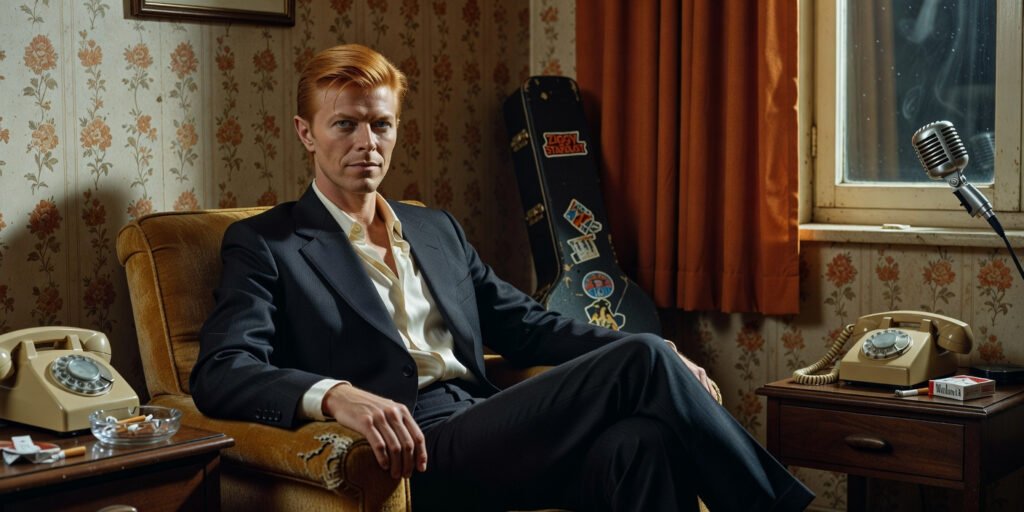 David Bowie looking composed in a 1976 news portrait following his marijuana arrest with Iggy Pop in Rochester, NY.