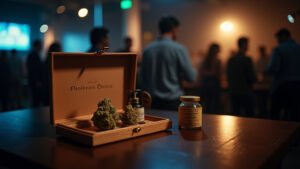 Cinematic wide angle shot of curated High Times Cannabis Cup Judge Kits displayed attractively in a modern New Jersey dispensary symbolizing consumer participation in the cannabis evaluation