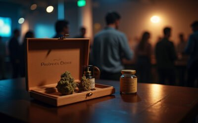Cinematic wide-angle shot of curated High Times Cannabis Cup Judge Kits displayed attractively in a modern New Jersey dispensary, symbolizing consumer participation in the cannabis evaluation.